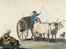A man driving a cart pulled by two oxen; in the left foreground a woman picks fleas from a boy's hea Creator: Unknown