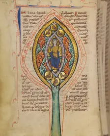 A Man Enthroned within a Mandorla in a Tree; Bestiary, about 1270. Creator: Unknown