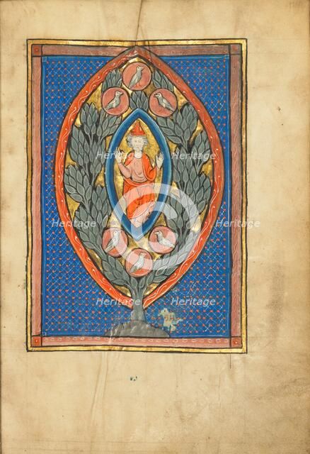 A Man Enthroned within a Mandorla in a Tree; De Natura Avium; De Pastoribus et Ovibus, 1277 or after Creator: Unknown.
