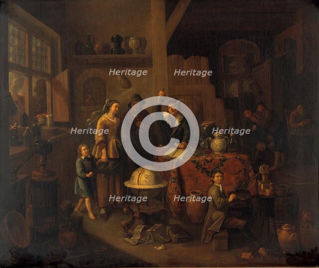 A man examining a urine flask. Creator: Bossche, Balthasar van den, 1681-1715 (After).