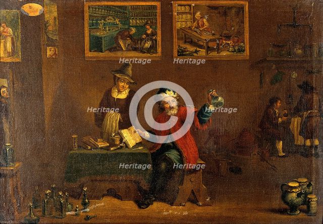 A man examining a urine flask, c1680s. Creator: Follower of David Teniers II.