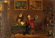 A man examining a urine flask, c1680s. Creator: Follower of David Teniers II
