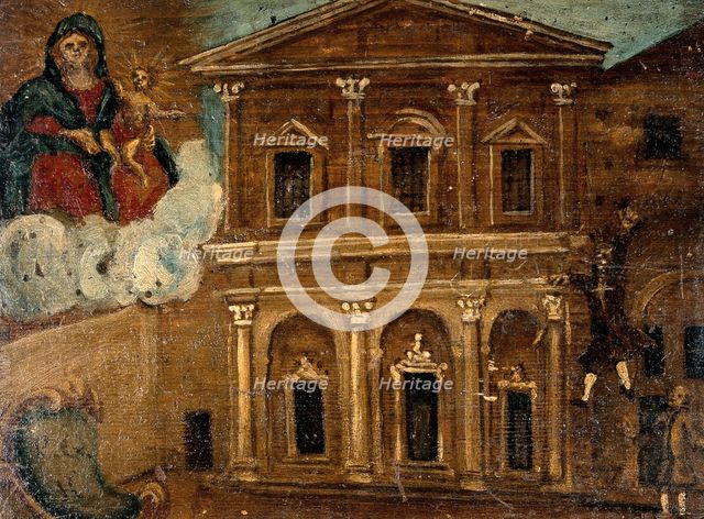 A man falling from the upper storey of a building into a courtyard. Creator: Unknown.