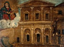 A man falling from the upper storey of a building into a courtyard. Creator: Unknown