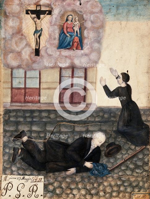 A man falling over on a cobbled street in Rome, his wife praying to Sansovino's Virgin..., 1851. Creator: Unknown.