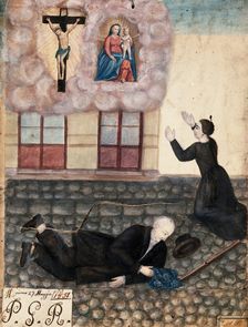 A man falling over on a cobbled street in Rome, his wife praying to Sansovino's Virgin..., 1851. Creator: Unknown