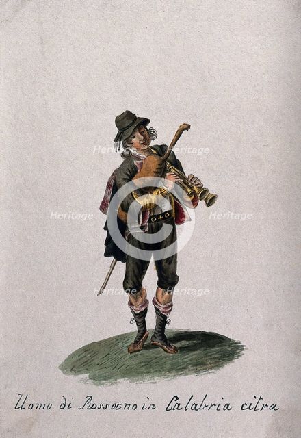 A man from Rossano in Calabria playing the bagpipes, 1800-1899. Creator: Unknown.
