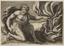 A man kneeling and placing a laurel branch upon a pile of burning books, ca. 1515-27. Creator: Marco Dente