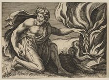 A man kneeling and placing a laurel branch upon a pile of burning books, ca. 1515-27. Creator: Marco Dente