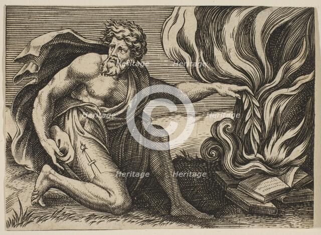 A man kneeling and placing a laurel branch upon a pile of burning books, ca. 1515-27. Creator: Marco Dente.