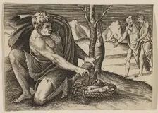 A man kneeling next to a basket of fish and taking one with both hands, two men at ..., ca. 1515-27. Creator: Marco Dente