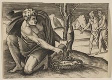 A man kneeling next to a basket of fish and taking one with both hands, two men at ..., ca. 1515-27. Creator: Marco Dente