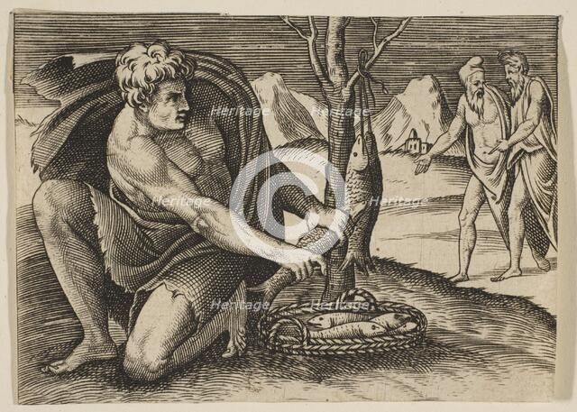 A man kneeling next to a basket of fish and taking one with both hands, two men at ..., ca. 1515-27. Creator: Marco Dente.