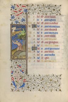 A Man Knocking Acorns from a Tree; Book of Hours, about 1415-1420. Creator: Workshop of the Master of the Rohan Hours