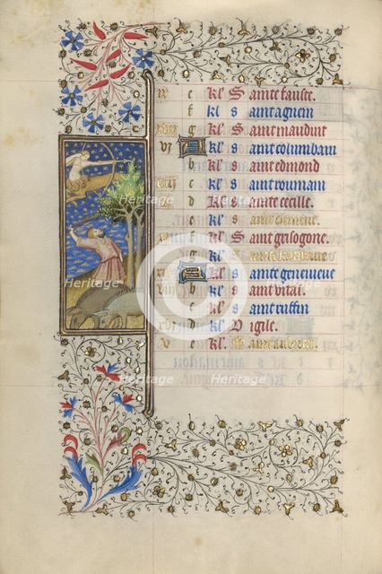 A Man Knocking Acorns from a Tree; Book of Hours, about 1415-1420. Creator: Workshop of the Master of the Rohan Hours.