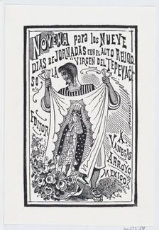 A man holding up a piece of fabric with an image of the Virgin, illustration for ..., ca. 1880-1910. Creator: José Guadalupe Posada