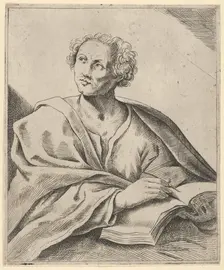 A man holding a book, about to write in it, looking upwards to the left, after Reni.., 17th century. Creator: Anon