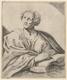 A man holding a book, about to write in it, looking upwards to the left, after Reni.., 17th century. Creator: Anon