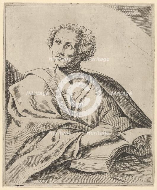 A man holding a book, about to write in it, looking upwards to the left, after Reni.., 17th century. Creator: Anon.