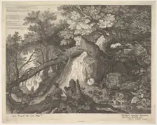 A man holding a staff and seated on a tree trunk; with two goats to either side; surro..., ca. 1600. Creator: Aegidius Sadeler II
