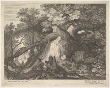 A man holding a staff and seated on a tree trunk; with two goats to either side; surro..., ca. 1600. Creator: Aegidius Sadeler II