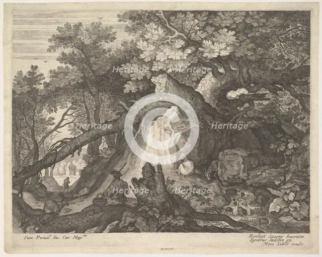 A man holding a staff and seated on a tree trunk; with two goats to either side; surro..., ca. 1600. Creator: Aegidius Sadeler II.