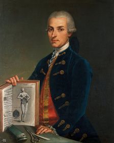 A man holding an anatomy book with an engraving of a woman showing her viscera, 18th century. Creator: Unknown