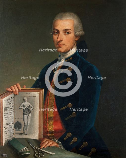A man holding an anatomy book with an engraving of a woman showing her viscera, 18th century. Creator: Unknown.