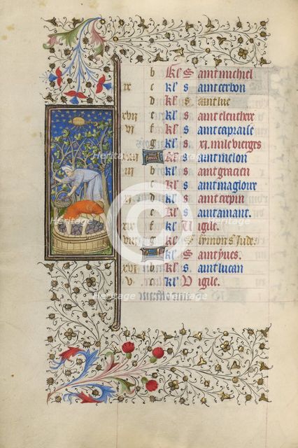 A Man Harvesting Grapes and Another Man Pressing Grapes; Book of Hours, about 1415-1420. Creator: Workshop of the Master of the Rohan Hours.