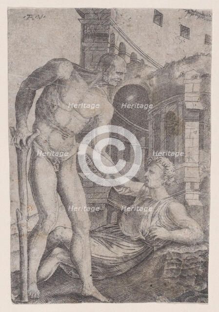 A Man Helping Another to His Feet, ca. 1514-36. Creator: Agostino Veneziano.