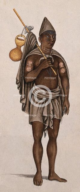 A man in a loincloth is carrying a stick with a cloth and pot. Creator: Unknown.