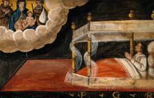 A man in bed praying to the Virgin and Child and two Franciscan saints. Creator: Unknown