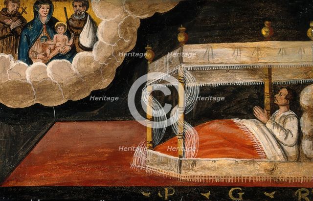 A man in bed praying to the Virgin and Child and two Franciscan saints. Creator: Unknown.