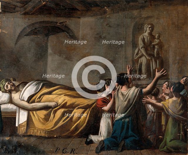 A man in bed, women praying to the Madonna del Parto. Creator: Unknown.