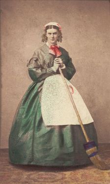 A man in drag holding a broom, 1862. Creator: Unknown