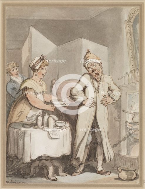 A man in pain receiving medicines from a housemaid, c1800s. Creator: Thomas Rowlandson.