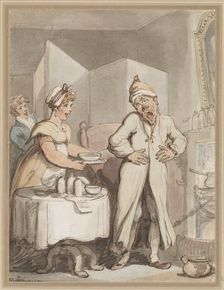 A man in pain receiving medicines from a housemaid, c1800s. Creator: Thomas Rowlandson