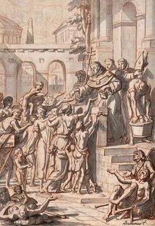 A man in religious clothing standing on a balcony is handing out money to the crowd below him. Creator: Le Sueur