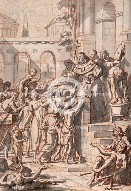 A man in religious clothing standing on a balcony is handing out money to the crowd below him. Creator: Le Sueur.
