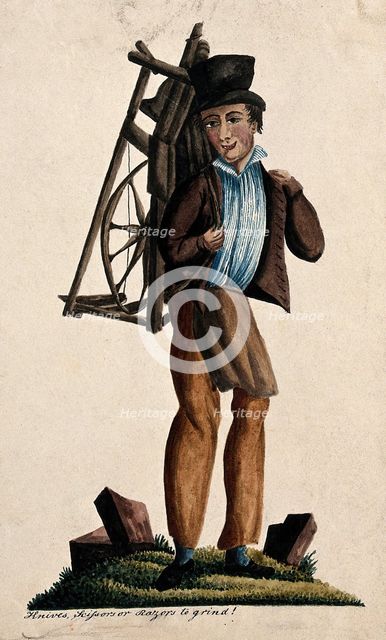 A man is carrying a knife grinder's wheel on his back. Creator: Unknown.
