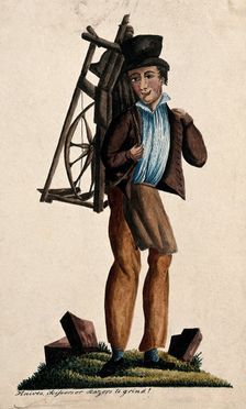 A man is carrying a knife grinder's wheel on his back. Creator: Unknown