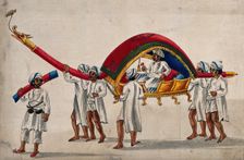 A man is being carried in a litter on the shoulders of four men. Creator: Unknown