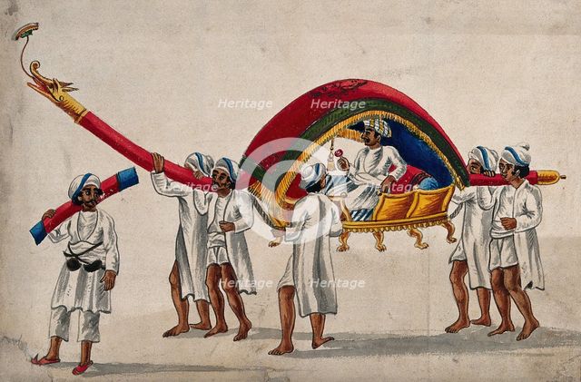 A man is being carried in a litter on the shoulders of four men. Creator: Unknown.