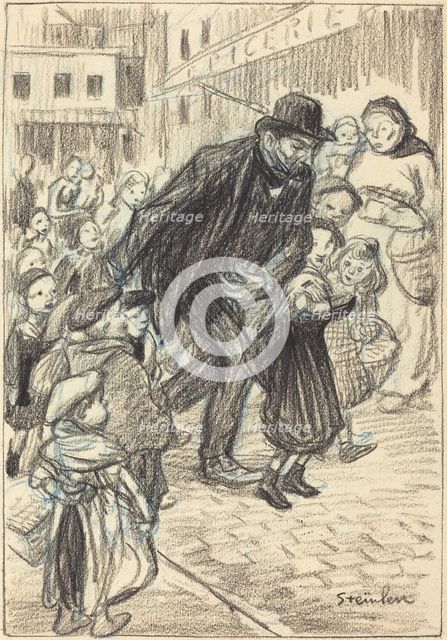 A Man on a City Street, Surrounded by Children (Un Père), late 19th-early 20th century. Creator: Theophile Alexandre Steinlen.