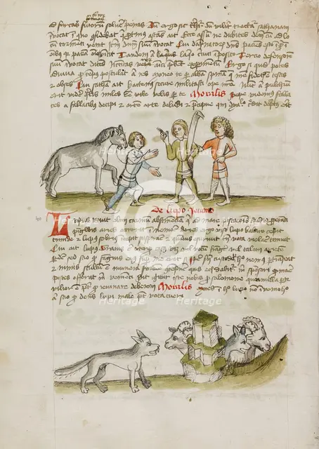 A Man Leading a Horse to Two Other Men: A Wolf before a Flock of..., third quarter of 15th cent. Creator: Unknown.