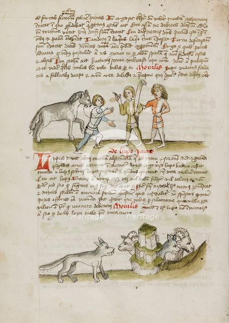 A Man Leading a Horse to Two Other Men: A Wolf before a Flock of..., third quarter of 15th cent. Creator: Unknown.