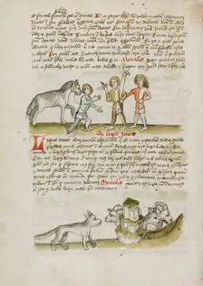 A Man Leading a Horse to Two Other Men: A Wolf before a Flock of..., third quarter of 15th cent. Creator: Unknown