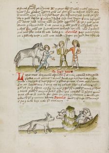 A Man Leading a Horse to Two Other Men: A Wolf before a Flock of..., third quarter of 15th cent. Creator: Unknown