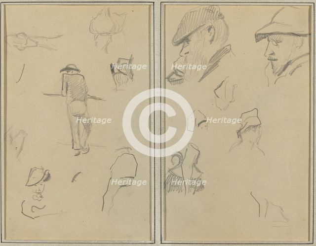 A Man Leaning on a Wall with Five Other Studies; Two Bearded Men Wearing..., [recto], 1884-1888. Creator: Paul Gauguin.