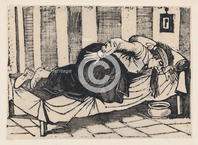 A man leaning over the side of a bed vomiting, from a broadside entitled 'Death of Aurelio..., 1892. Creator: José Guadalupe Posada.